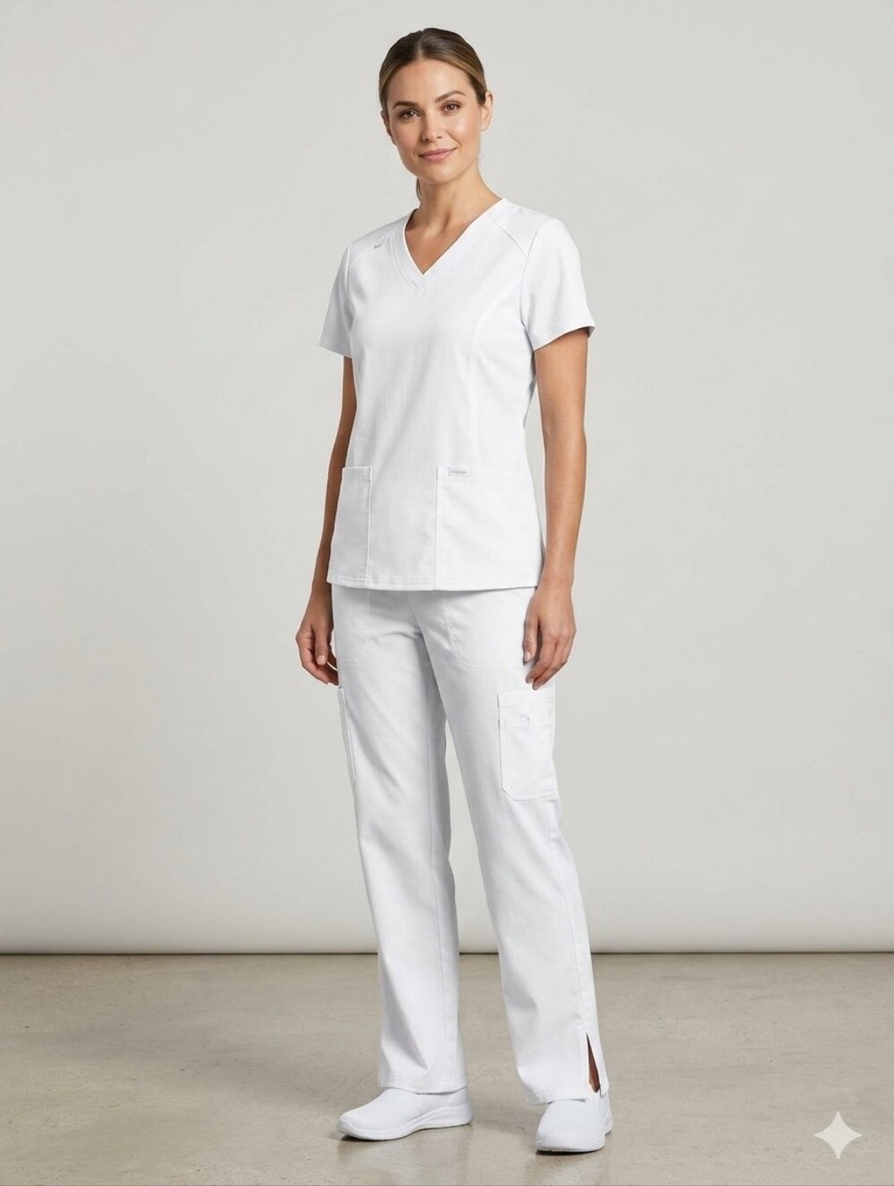 Landau White V-Neck ProFlex Top with Matching Bottoms